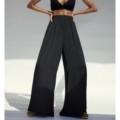 ZARA Pantalon ample noir satin jambes larges avec ceinture