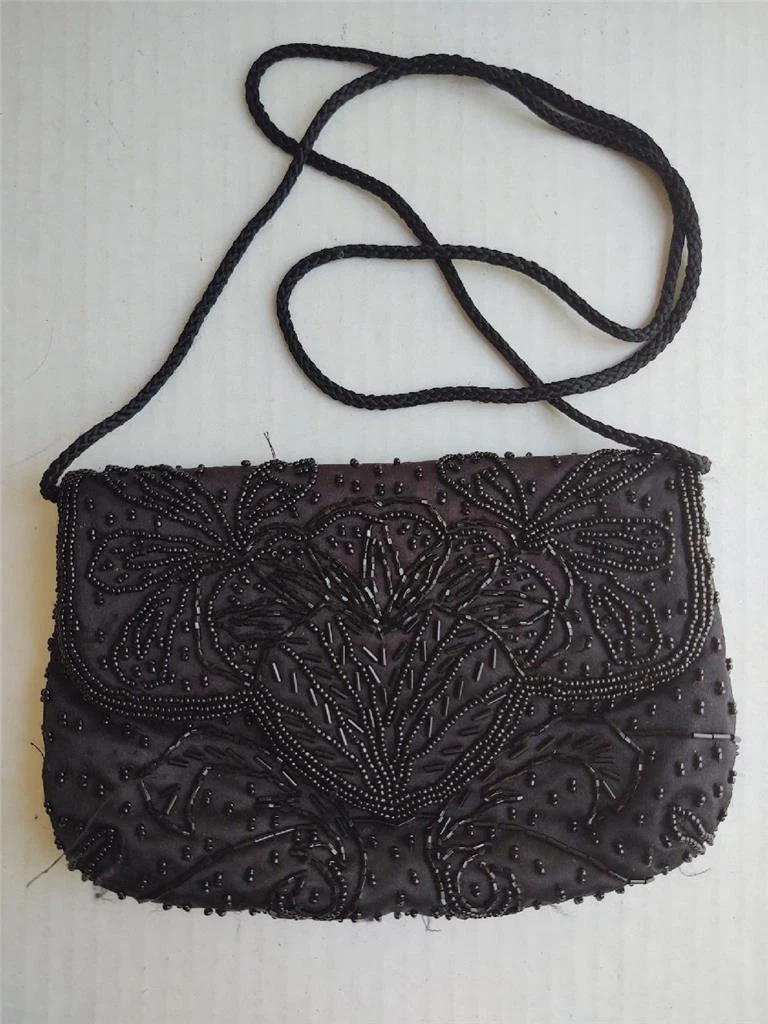 Carla Marchi Black Satin Beaded Clutch Purse With Shoulder Handle