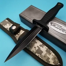 Double Edged Boot Knife Black Handle 9"x 4.5" Blade Camouflaged Sheath w/ Clip