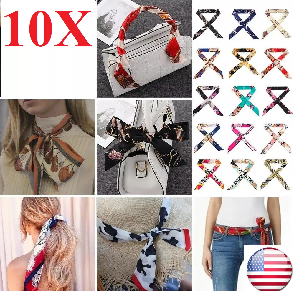 10 Women Silk Scarf Handbag Handle Scarves Wrap Purse Hair Bow Mini Long  Ribbon