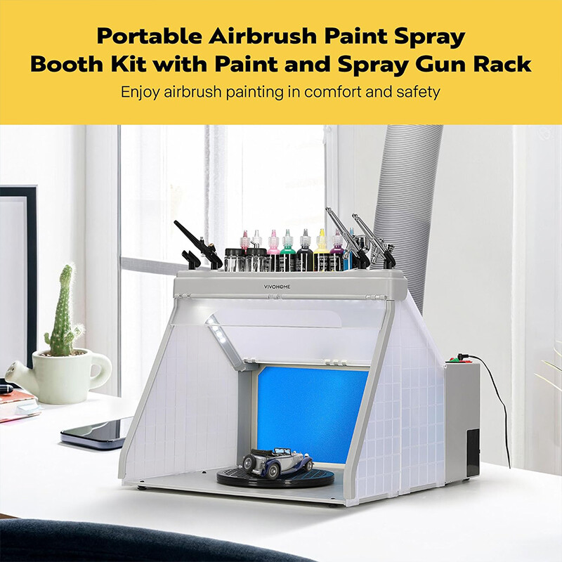 Airbrush Paint Spray Booth w/ LED Lights Turn Table, Filter Hose, Spray