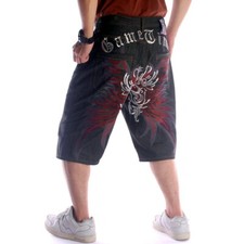 Mens Denim Shorts Jeans Pants Embroidery Totem Relaxed Hip-Hop Baggy Loose