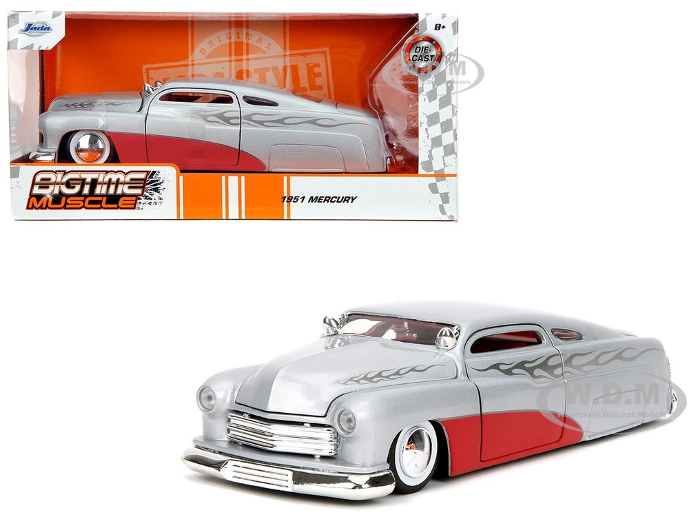 1951 Mercury Silver Diecast Model Car with Flame Graphics 1/24 Scale by JADA 35206