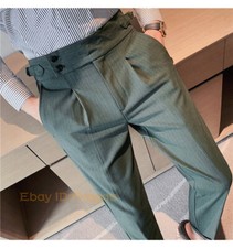 Mens Naples Slim High Waist Gurkha British Trousers Striped Business Dress Pants