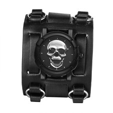 Reloj Pulsera Hombre Gótico Calavera Decoración Cuarzo Punk Motociclista Correa Ancha Cuero Geniune