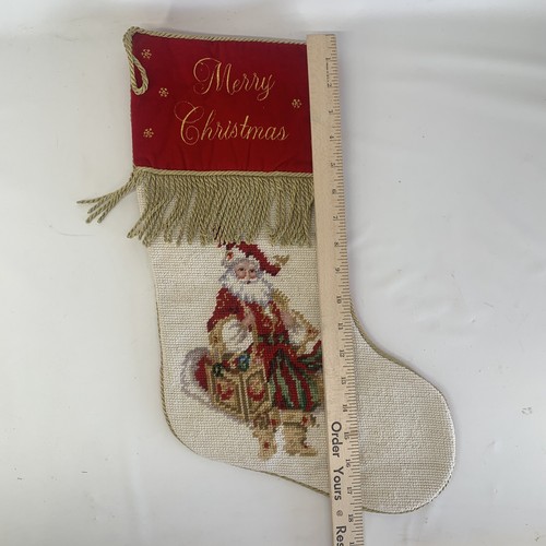 Christmas Stocking Needlepoint Old World Santa Red Velvet Backed Fringe 18" - Picture 5 of 7