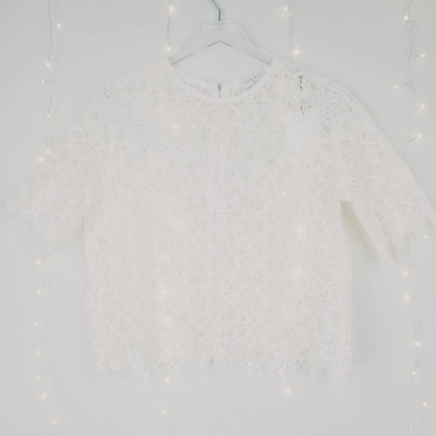 Sandro Paris Alycia Guipure Lace Scalloped Eyelash Trim Cotton Blouse