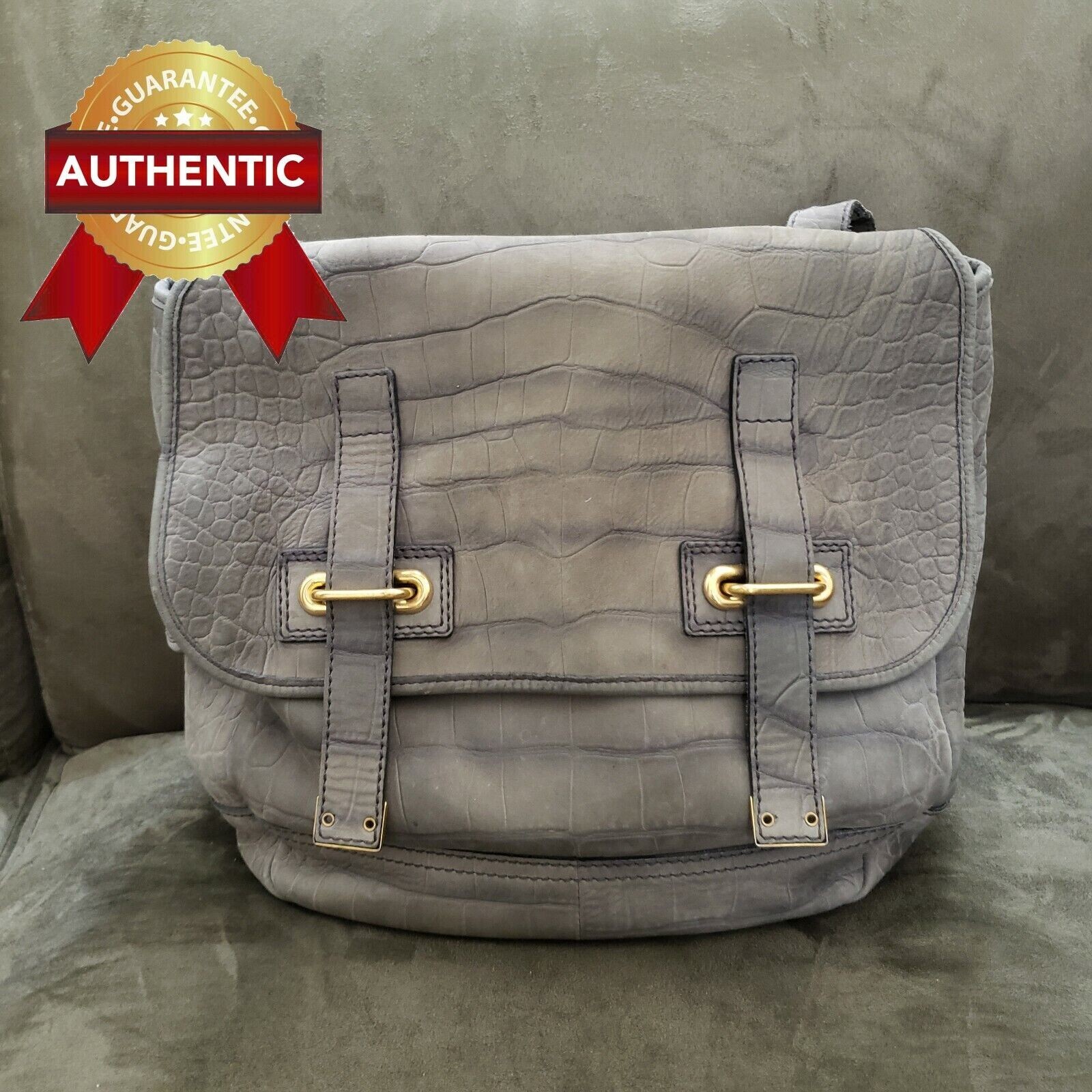 Autentico YSL Besace Grigio Croc In rilievo Nabuk Scamosciato Yves Saint Laurent RARO