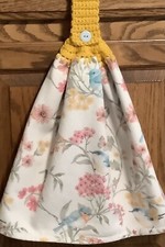 Double hanging kitchen towel Flowers bird crocheted Yellow top