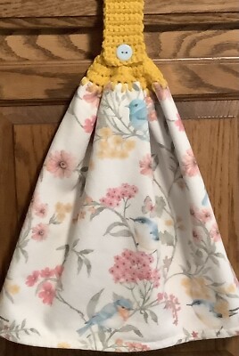 Double hanging kitchen towel Flowers bird crocheted Yellow top