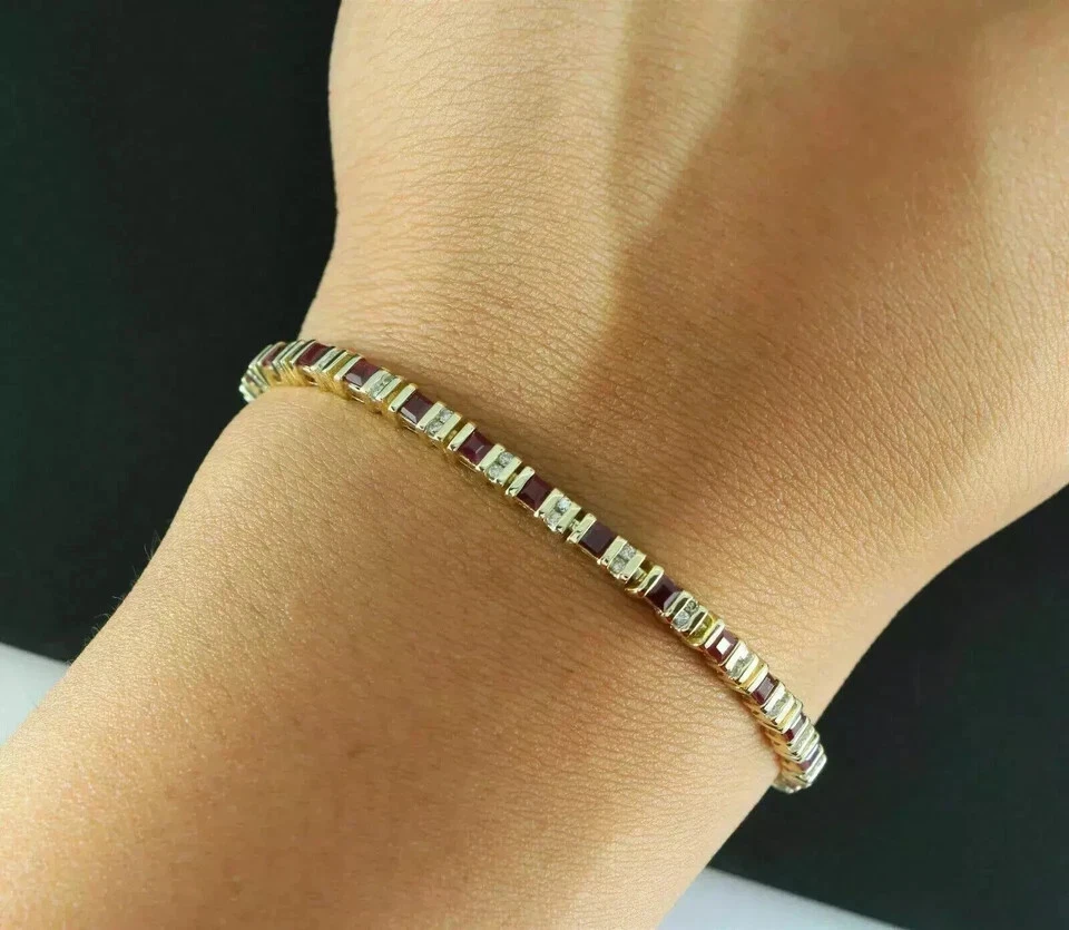 7CT Princess Cut Lab Created Ruby Men's Tennis Bracelet 14K Yellow Gold Finish - Image 3 of 4