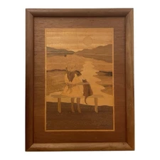 Jeff Nelson Lake River Girl Cat Sunset Inlay Wood Marquetry Art Handcraft 7x10"