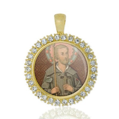 St Benedict Joseph Labre St Christian Round  Gold Tone Pendant  Rhinestones