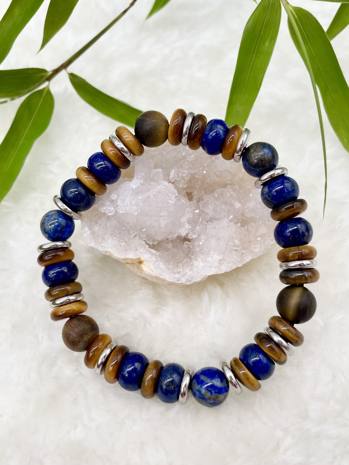 Bracelet lapis lazuli oeil de tigre acier D10mm fini les fermoirs difficiles à fermer