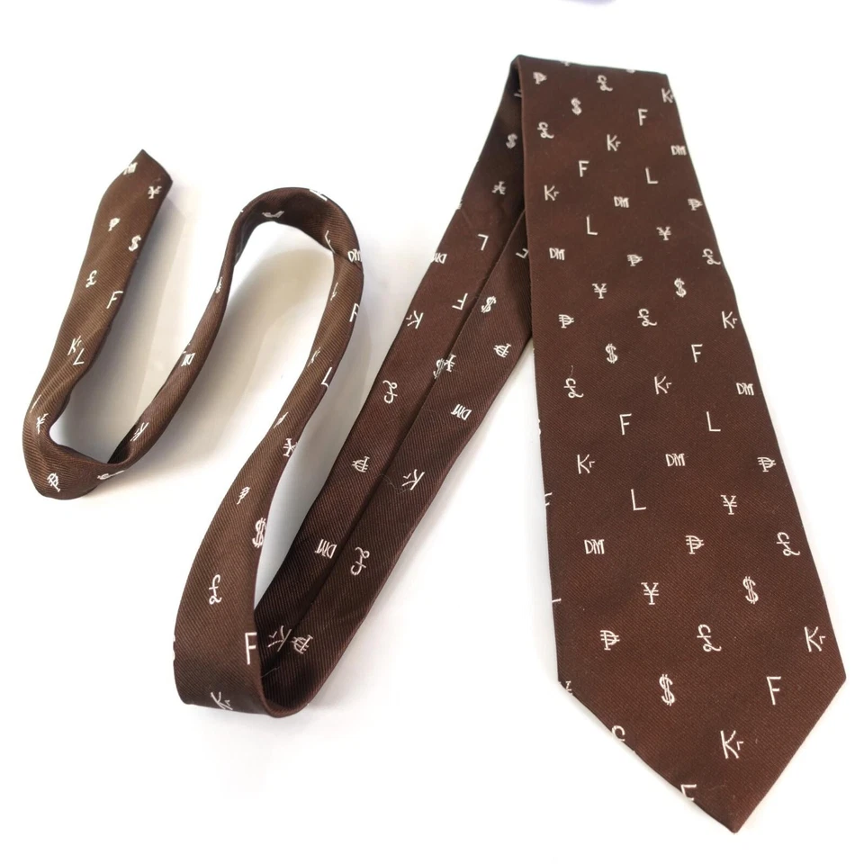 Corbata de cuello PIERRE CARDIN vintage para hombre marrón símbolo de moneda dinero bancario años 80 trabajo Foto 2 de 4