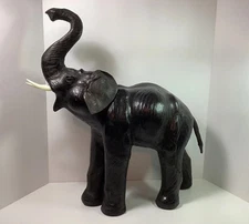LARGE 22” VTG Leather Elephant Statue Figure Tusks Dark Brown Tusks