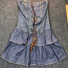 Vavavoom Jeans Corset Dress Womens S Blue Pinstripe Y2K Tiered Ruffle Mini Boho
