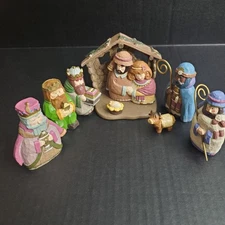 Nine (9) Piece Resin Nativity Set, Faux Carved Religious Figurines - Colorful 