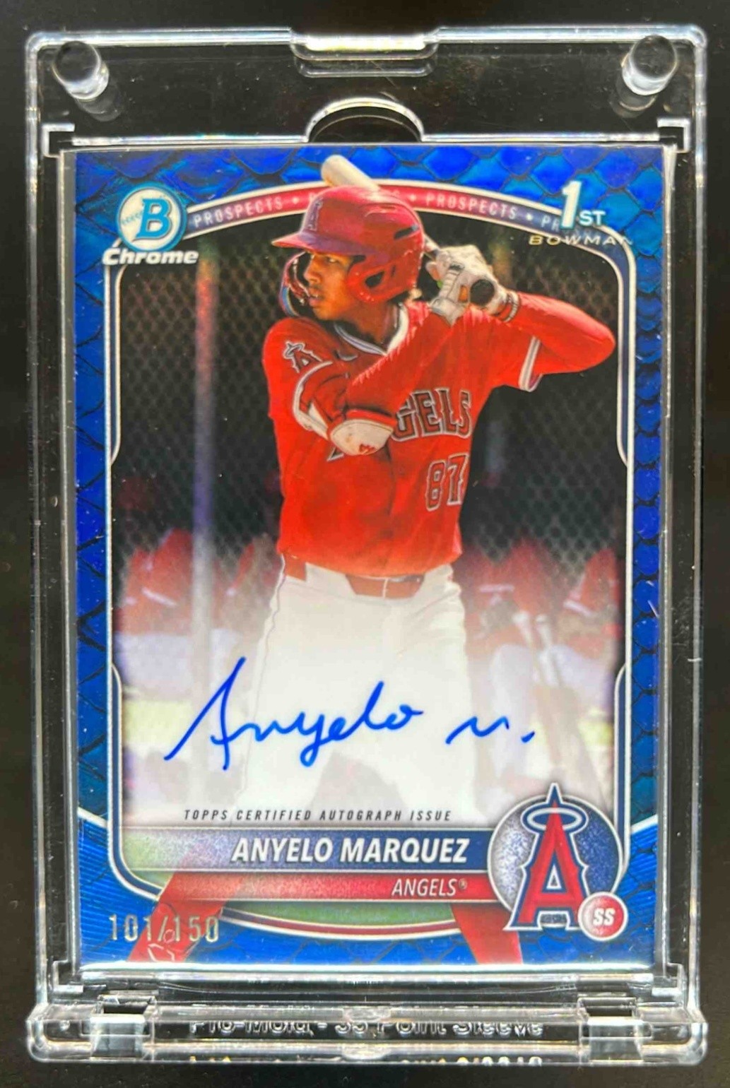 2025 Bowman Chrome Anyelo Marquez Auto Reptilian Blue Refractor 1st #101/150