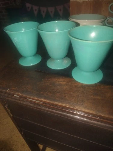 Three Vintage Turquoise Green Platonite Glass Ice Cream Dishes Hazel Atlas