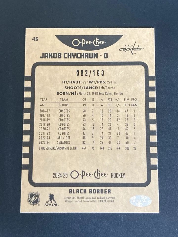 2024-25 O-Pee-Chee Jakob Chychrun Retro Black Border Card #45. 82/100. - Image 2 of 3