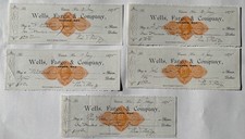 (5) 1875 Antique Wells Fargo Carson City Nevada NV Check Checks RN Revenue Stamp