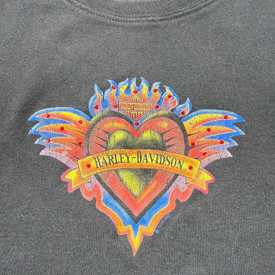 De colección Y2K Harley Davidson Corazón Ala Llama Estrás Grunge Motociclista Tanque Pequeño Foto 2 de 4