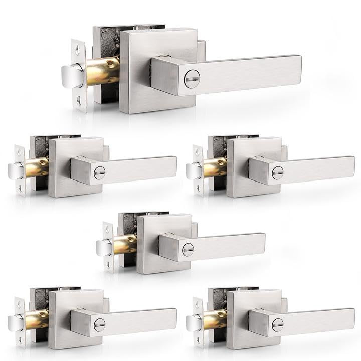 Satin Nickel Square Privacy Door Levers Lockset for Bedroom or Bathroom, Keyl...