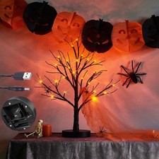 18IN Lighted Spooky Halloween Tree with Timer Pre-lit Black Glittered Tabletop
