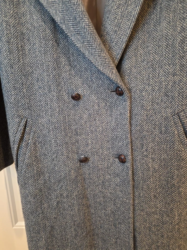 Antigo J.G. Casaco feminino Hook Herringbone tweed longo Dbl peito azul 100% lã 2X - Imagem 2 de 4
