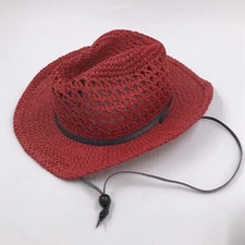 Vintage Red Woven Paper Cowgirl Hat Retro Butterfly Flower Leather Trim Strap