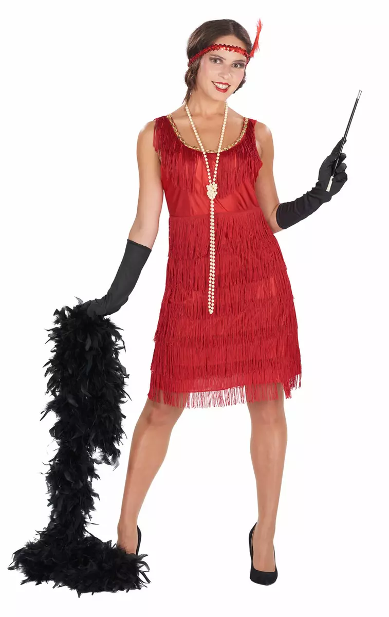 Womens 20s Red Flapper Girl Gangster Moll Gatsby Chicago Fancy Dress Costume