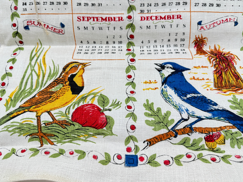 Asciugamano da tè cucina lino 1966 calendario uccellini orientali 16 x 29" - Foto 3 di 4