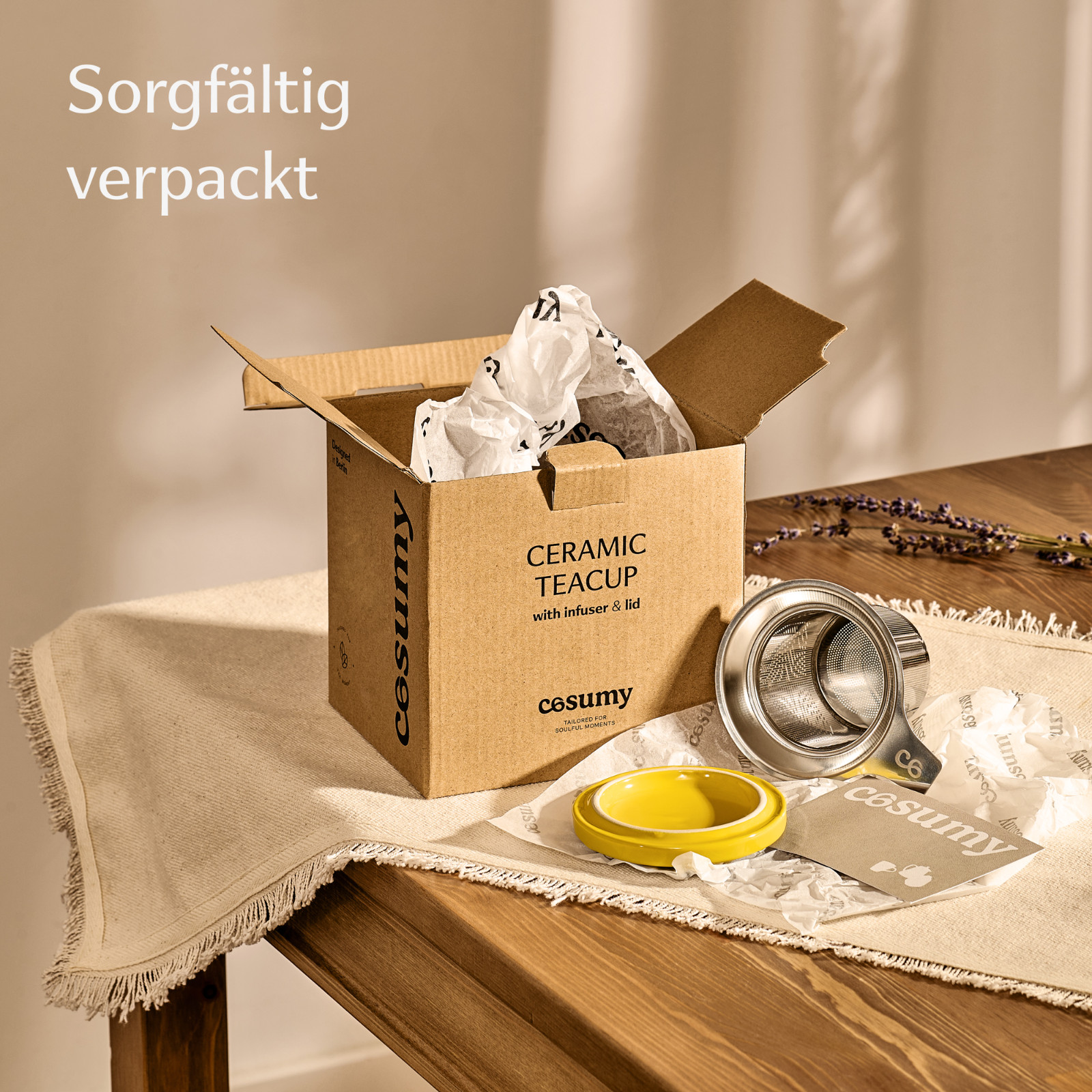 Teetasse mit Sieb und Deckel Keramik Tee Becher Teeglas Porzellan Set Gelb