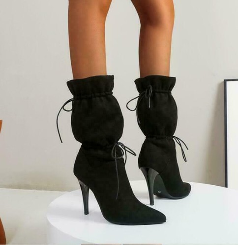 Women Pointed Toe Drawstring Boots New Stretch Sock Boots British Style Shoes - Picture 12 of 12