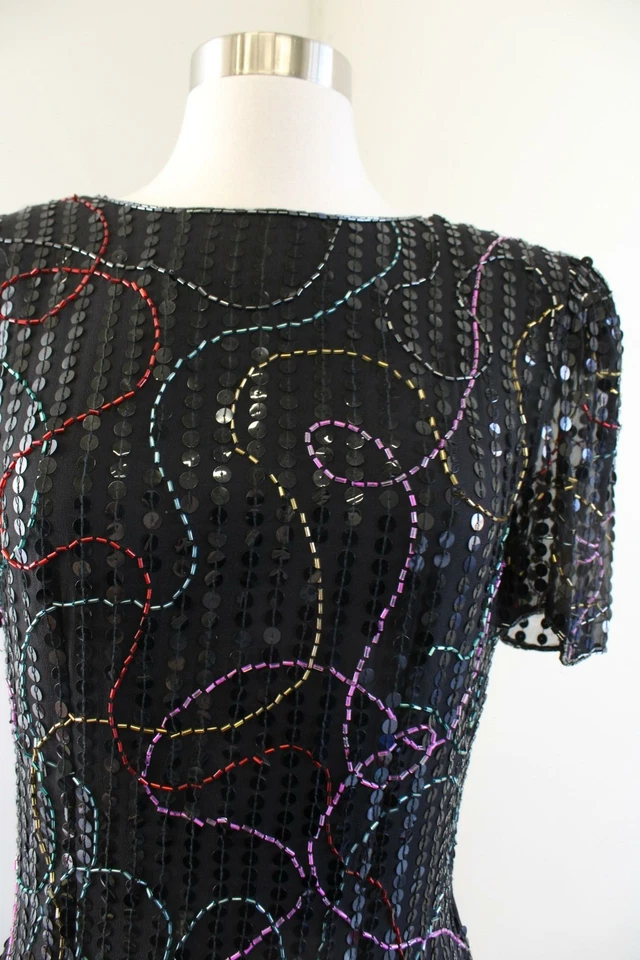 Vestido de Fiesta De Colección Años 90 Alfred Angelo Negro Multicolor Seda Cuentas Lentejuelas Talla XS S Foto 4 de 4