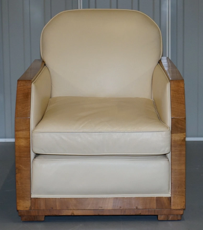 ART DECO HARRY & LOU EPSTEIN WALNUT & CREAM LEATHER SUITE SOFA & ARMCHAIRS PAIR - Image 4 of 4