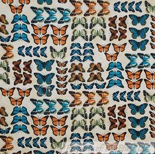 BonEful Fabric FQ Cotton Quilt Cream Teal Blue Orange Brown Butterfly Monarch US