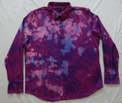 Tie Dye Pink Purple Long Sleeve Button Up Shirt - 2XL Slim Mens Psychedelic XXL