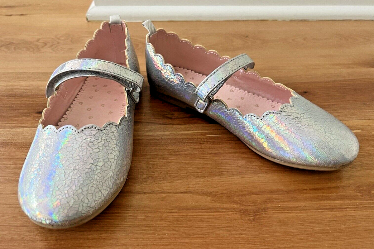 H&M Girls Shimmery Silver Ballet Flats Shoes Mary Janes Size
