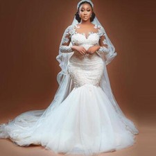 Plus Size Elegant Mermaid Wedding Dresses African O-Neck Long Sleeves Bride Gown