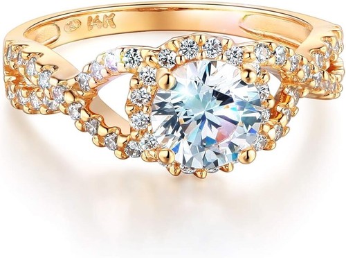 2 Ct Round 14K Yellow Gold Created Diamond Halo Twisted Shank Engagement Ring - 第 4/4 張圖片