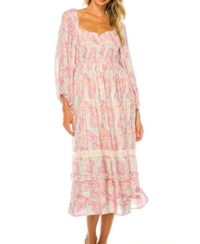 Penelope Rose Floral Midi Dress Womens XL Pink Cream Ruffled Cottagecore Ditsy