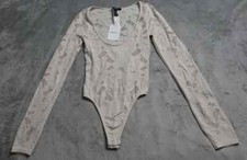 Forever 21 Lace Bodysuit Women's S/M Cream Long Sleeve Scoop Neck Snap