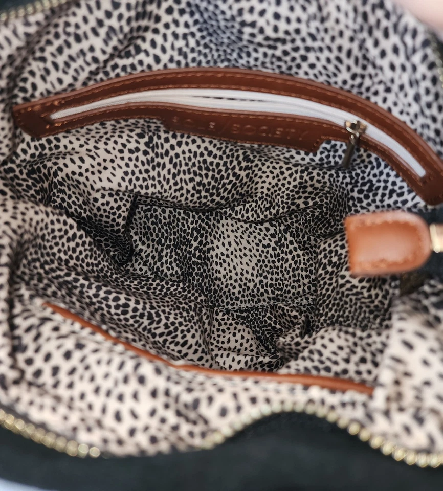 Bolso de Mano Hobo Sole Society Lg Negro Gamuza Marrón Cuero Forro Leopardo Foto 2 de 4