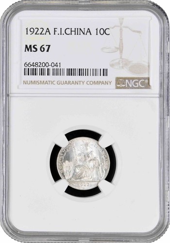 Indochina 10 cents 1922 A, NGC MS67, "French Indochina (1885 - 1954)" silver