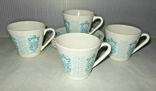 Vintage Syracuse Syralite SYR444 Teal Flowers & Swirls Cup & Saucer Set of 4