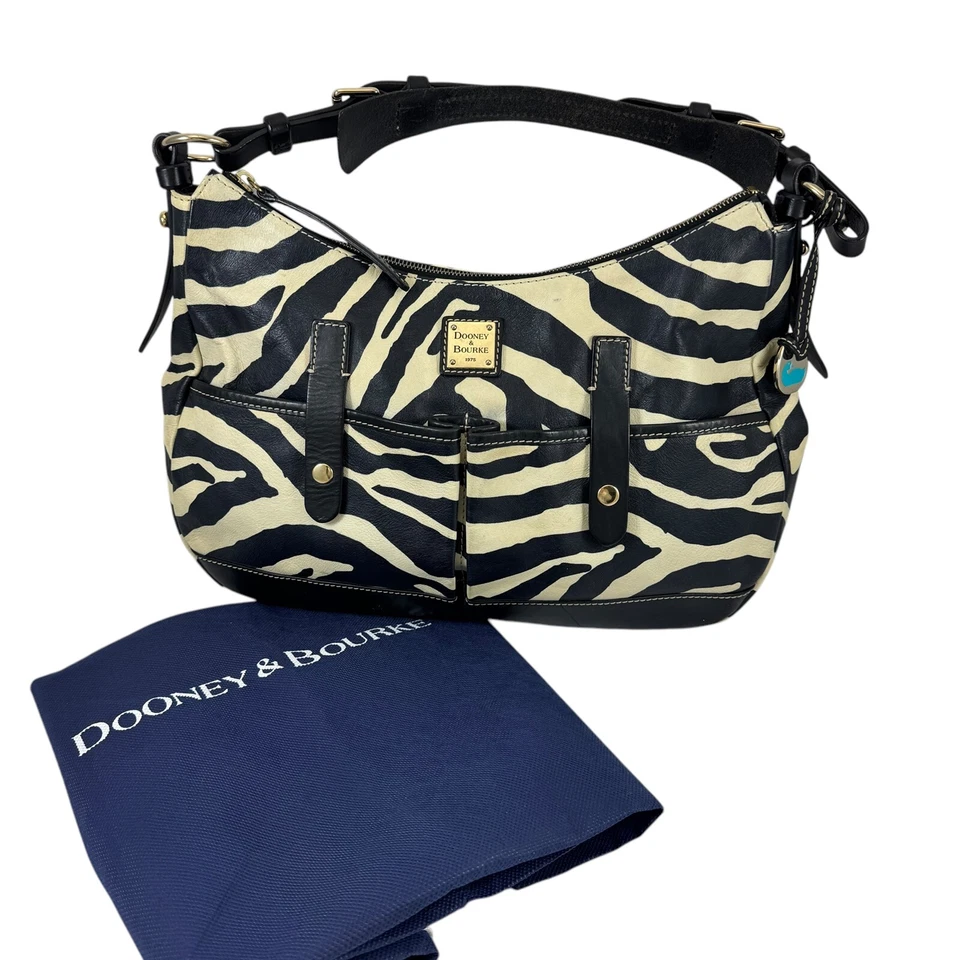 Dooney & Bourke Shoulder Hobo Purse Bag Zebra Print Leather Black and White