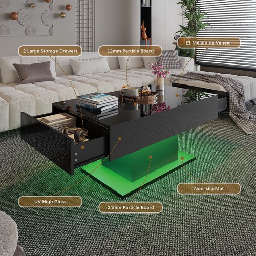 High gloss Coffee Table with RGB LED Lights Living Room Cocktail Table Black - Picture 3 of 13