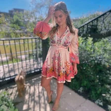 Zimmermann Tropicana Plunge Mini Dress Size 2 AU 12 / US 8 Floral Long Sleeves